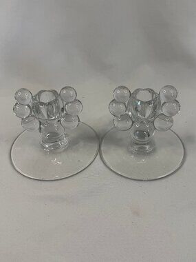 2 Vintage Duncan Miller Bubble & Tulip /Teardrop Clear Glass Candleholders #4161